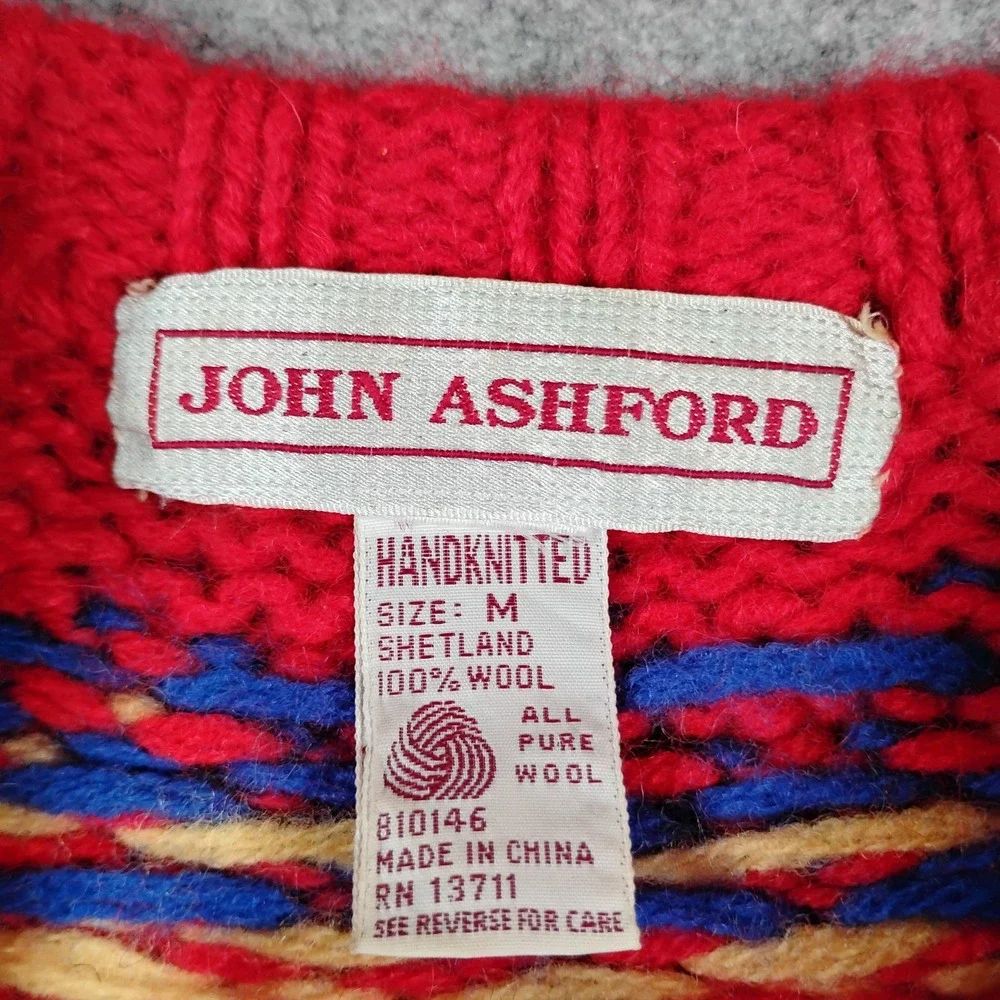 John Ashford Mens‎ Red Shetland Wool Handknitted Fair Isle Snowflake Sweater M